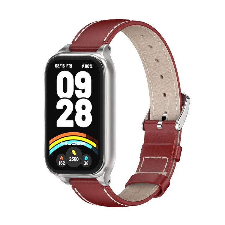 For Xiaomi Smart Band 9 Active / Redmi Band 3 Mijobs Metal Shell Genuine Leather Watch Band(Red Silver) - free shipping - PMc TechLife - Order now!