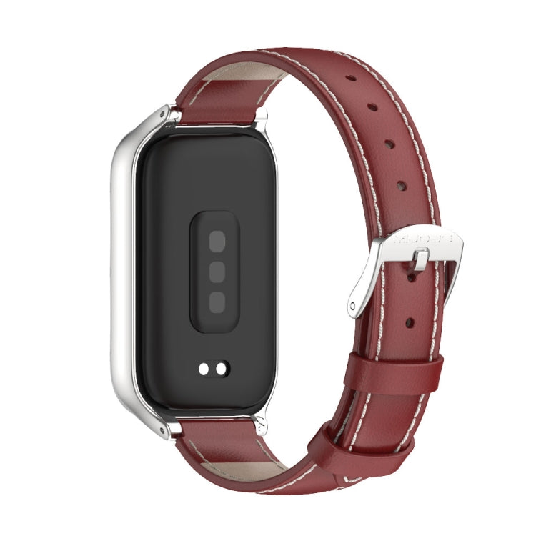 For Xiaomi Smart Band 9 Active / Redmi Band 3 Mijobs Metal Shell Genuine Leather Watch Band(Red Silver) - free shipping - PMc TechLife - Order now!
