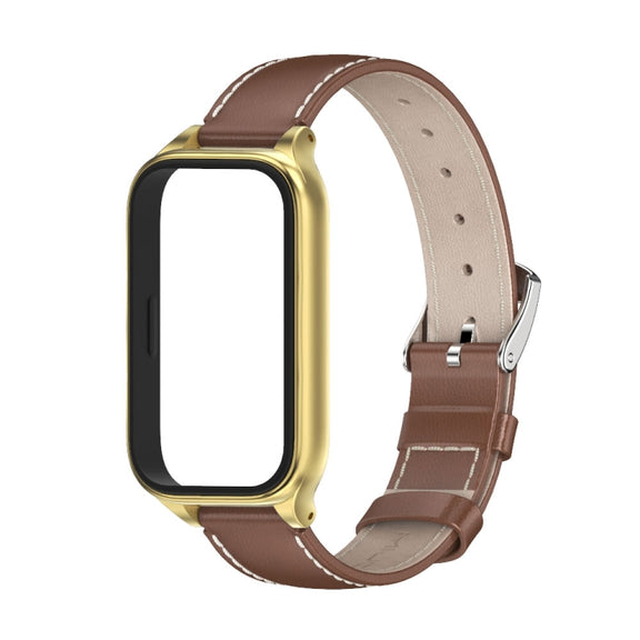 For Xiaomi Smart Band 9 Active / Redmi Band 3 Mijobs Metal Shell Genuine Leather Watch Band(Brown Gold)