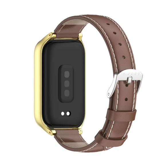 For Xiaomi Smart Band 9 Active / Redmi Band 3 Mijobs Metal Shell Genuine Leather Watch Band(Brown Gold)
