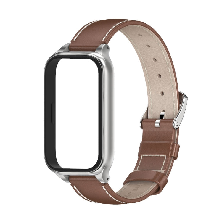For Xiaomi Smart Band 9 Active / Redmi Band 3 Mijobs Metal Shell Genuine Leather Watch Band(Brown Silver) - free shipping - PMc TechLife - Order now!