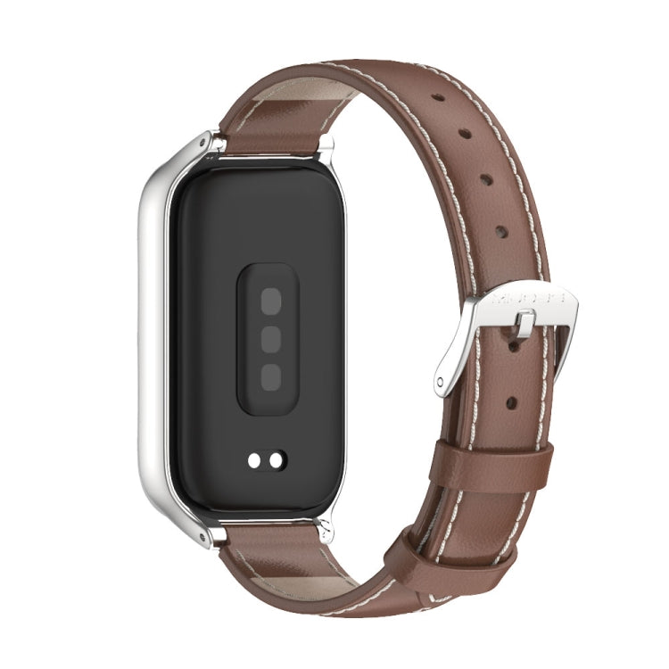 For Xiaomi Smart Band 9 Active / Redmi Band 3 Mijobs Metal Shell Genuine Leather Watch Band(Brown Silver)