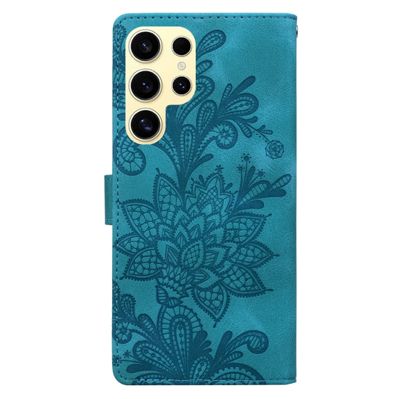 For Samsung Galaxy S25 Ultra 5G Lace Floral Embossed Magnetic Buckle PU Phone Case With Wrist Strap(Green)