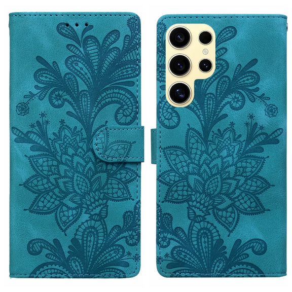 For Samsung Galaxy S25 Ultra 5G Lace Floral Embossed Magnetic Buckle PU Phone Case With Wrist Strap(Green)
