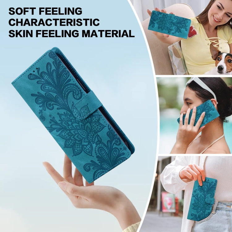 For Samsung Galaxy S25 Ultra 5G Lace Floral Embossed Magnetic Buckle PU Phone Case With Wrist Strap(Green)