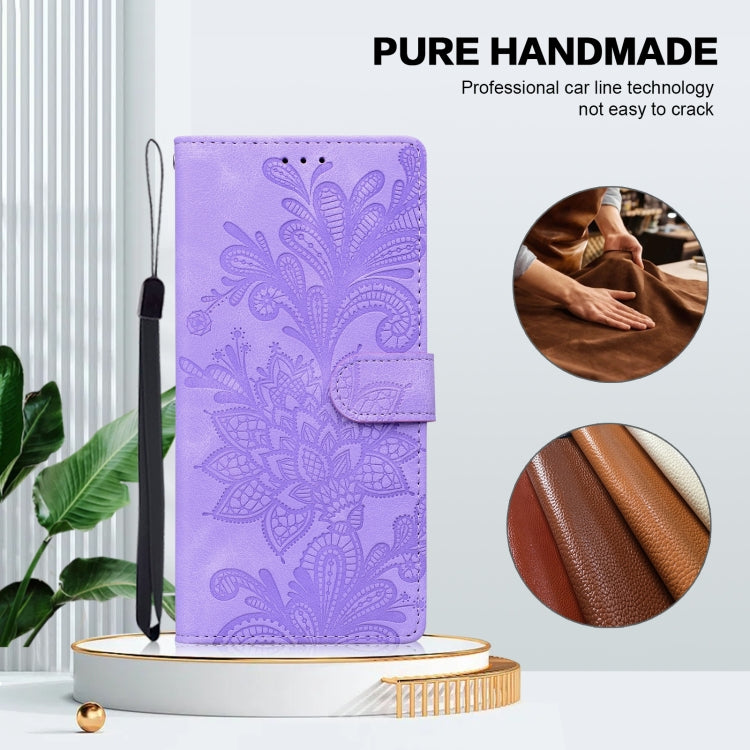 For Samsung Galaxy S25+ 5G Lace Floral Embossed Magnetic Buckle PU Phone Case With Wrist Strap(Purple)