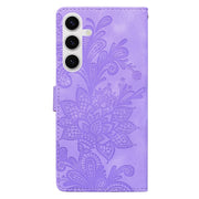 For Samsung Galaxy S25+ 5G Lace Floral Embossed Magnetic Buckle PU Phone Case With Wrist Strap(Purple)