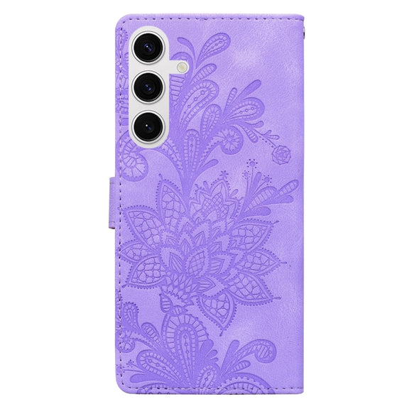For Samsung Galaxy S25+ 5G Lace Floral Embossed Magnetic Buckle PU Phone Case With Wrist Strap(Purple)