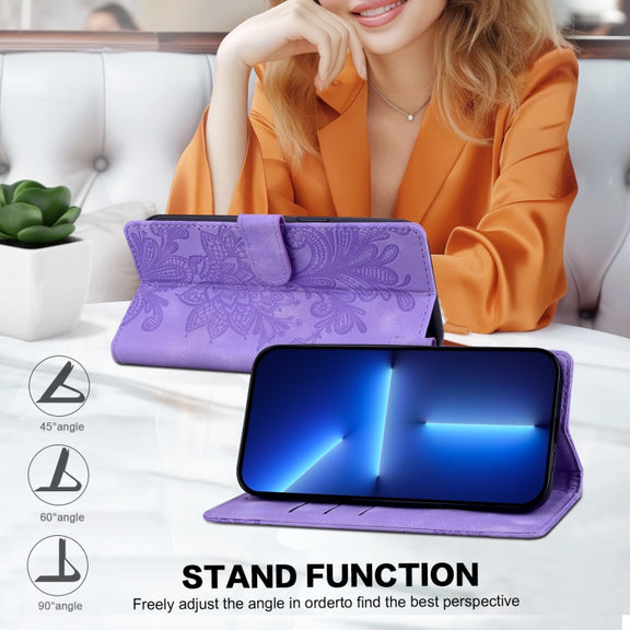 For Samsung Galaxy S25+ 5G Lace Floral Embossed Magnetic Buckle PU Phone Case With Wrist Strap(Purple)