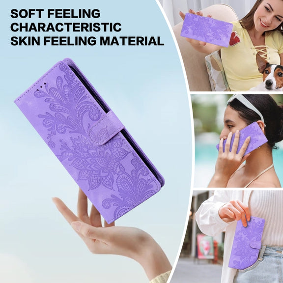 For Samsung Galaxy S25+ 5G Lace Floral Embossed Magnetic Buckle PU Phone Case With Wrist Strap(Purple)