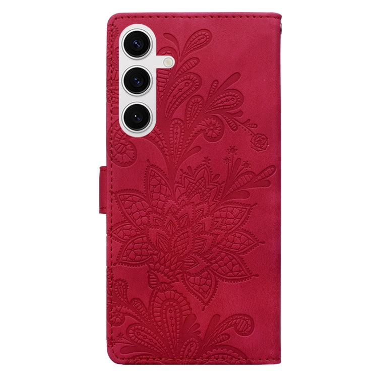For Samsung Galaxy S25+ 5G Lace Floral Embossed Magnetic Buckle PU Phone Case With Wrist Strap(Red) - Galaxy S25+ 5G Cases by PMC Jewellery | Online Shopping South Africa | PMC Jewellery | Buy Now Pay Later Mobicred