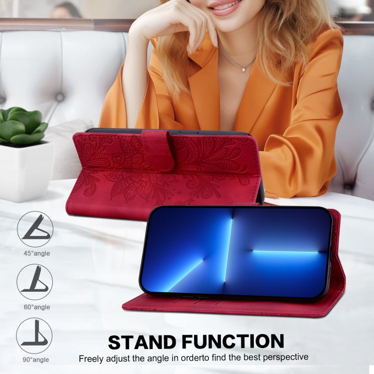 For Samsung Galaxy S25+ 5G Lace Floral Embossed Magnetic Buckle PU Phone Case With Wrist Strap(Red) - Galaxy S25+ 5G Cases by PMC Jewellery | Online Shopping South Africa | PMC Jewellery | Buy Now Pay Later Mobicred