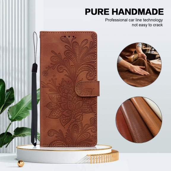 For Samsung Galaxy S25+ 5G Lace Floral Embossed Magnetic Buckle PU Phone Case With Wrist Strap(Brown)