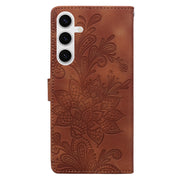 For Samsung Galaxy S25+ 5G Lace Floral Embossed Magnetic Buckle PU Phone Case With Wrist Strap(Brown)