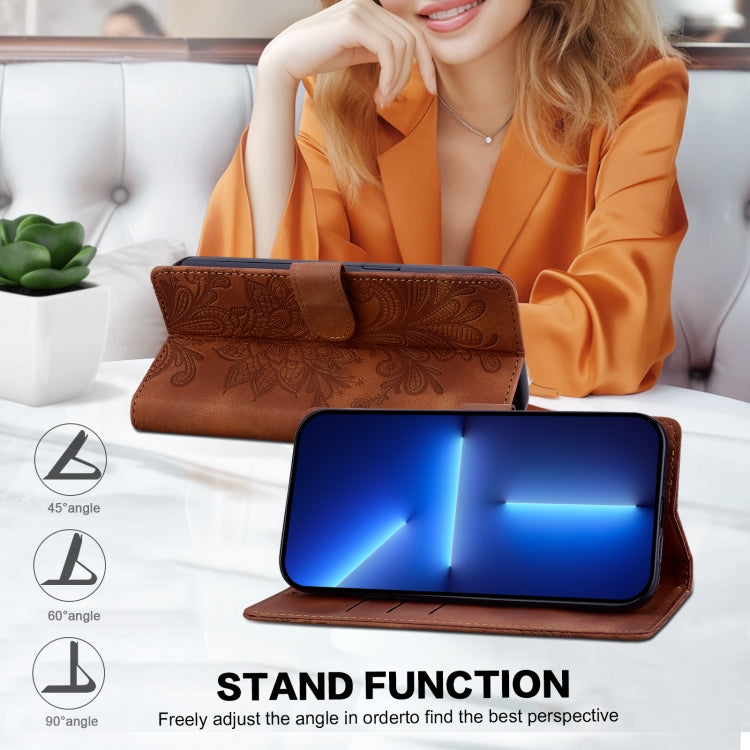 For Samsung Galaxy S25+ 5G Lace Floral Embossed Magnetic Buckle PU Phone Case With Wrist Strap(Brown) - Galaxy S25+ 5G Cases by PMC Jewellery | Online Shopping South Africa | PMC Jewellery | Buy Now Pay Later Mobicred