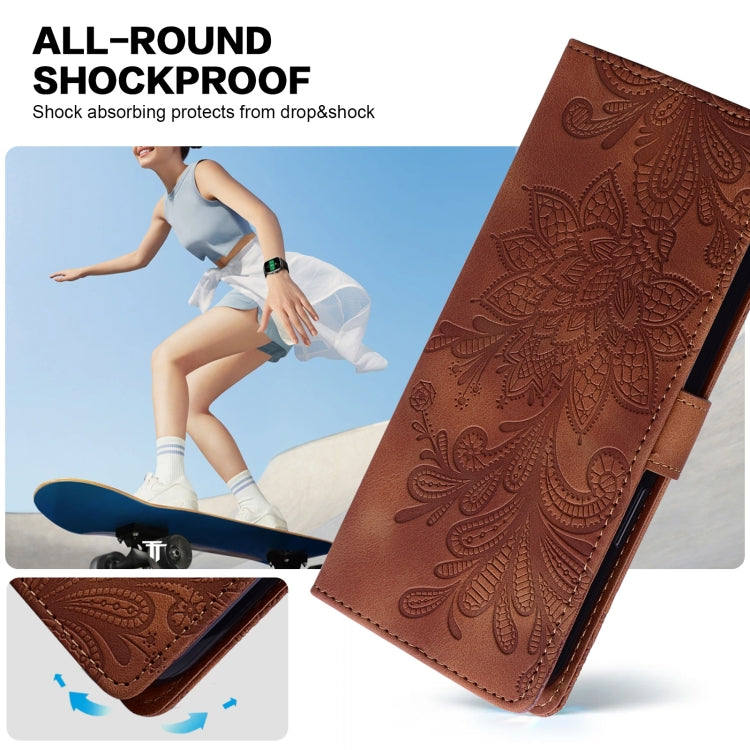 For Samsung Galaxy S25+ 5G Lace Floral Embossed Magnetic Buckle PU Phone Case With Wrist Strap(Brown)