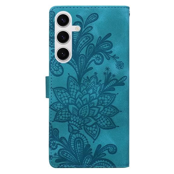 For Samsung Galaxy S25 5G Lace Floral Embossed Magnetic Buckle PU Phone Case With Wrist Strap(Green)