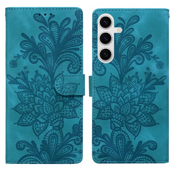 For Samsung Galaxy S25 5G Lace Floral Embossed Magnetic Buckle PU Phone Case With Wrist Strap(Green)