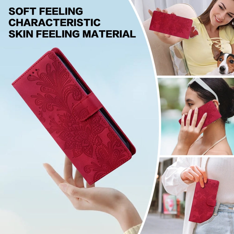 For Samsung Galaxy S25 5G Lace Floral Embossed Magnetic Buckle PU Phone Case With Wrist Strap(Red) - Galaxy S25 5G Cases by PMC Jewellery | Online Shopping South Africa | PMC Jewellery | Buy Now Pay Later Mobicred
