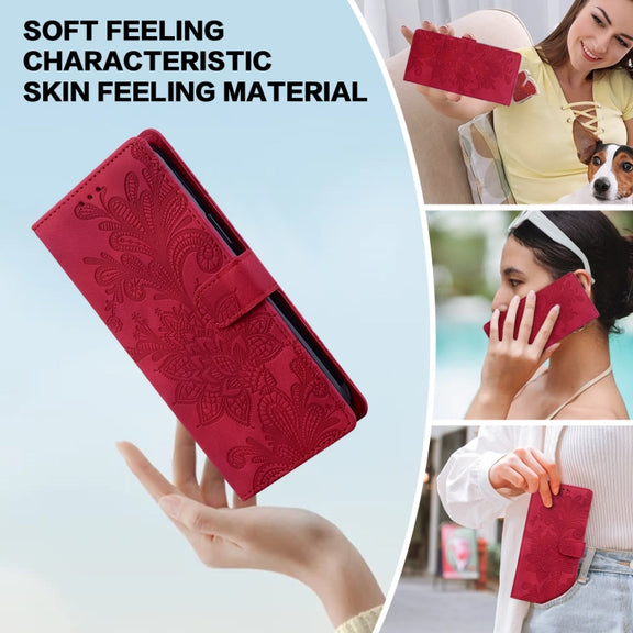 For Samsung Galaxy S25 5G Lace Floral Embossed Magnetic Buckle PU Phone Case With Wrist Strap(Red)
