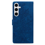For Samsung Galaxy S25 5G Lace Floral Embossed Magnetic Buckle PU Phone Case With Wrist Strap(Blue)