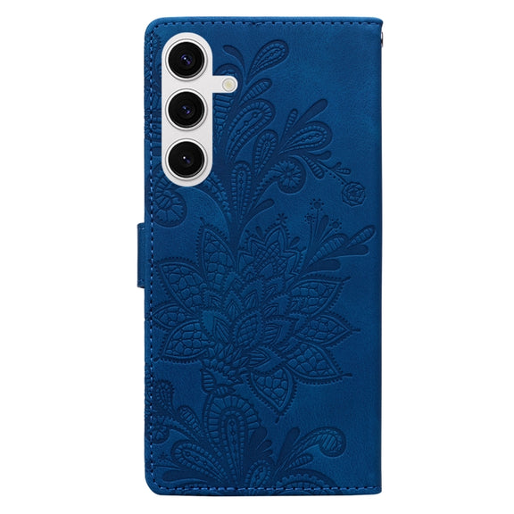 For Samsung Galaxy S25 5G Lace Floral Embossed Magnetic Buckle PU Phone Case With Wrist Strap(Blue)