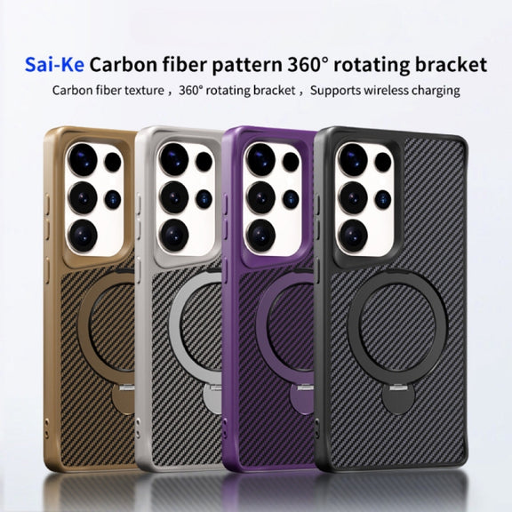 For Samsung Galaxy S25 Ultra 5G Carbon Fiber Texture 360 MagSafe Holder Phone Case(Titanium Gray)