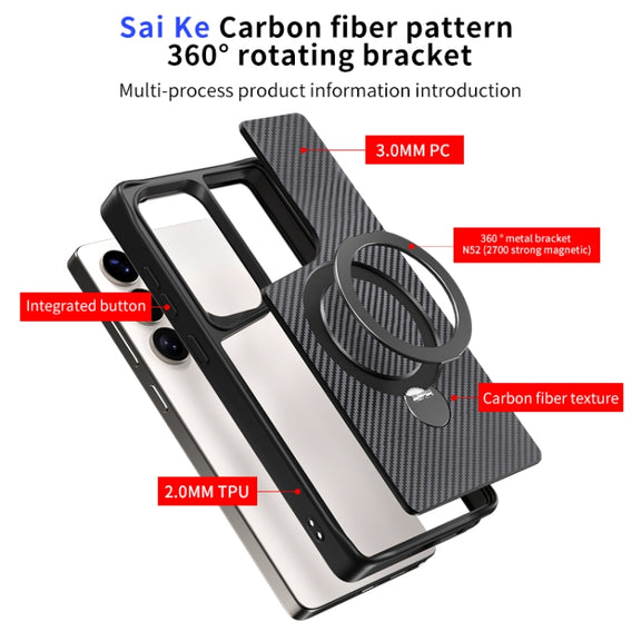 For Samsung Galaxy S25 Ultra 5G Carbon Fiber Texture 360 MagSafe Holder Phone Case(Titanium Gray)