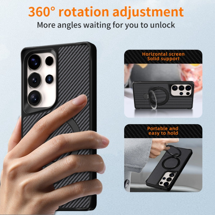 For Samsung Galaxy S25 Ultra 5G Carbon Fiber Texture 360 MagSafe Holder Phone Case(Titanium Gray)