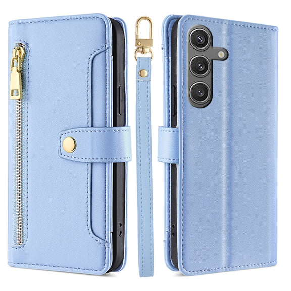 For Samsung Galaxy S25 5G Sheep Texture Cross-body Zipper Wallet Leather Phone Case(Blue)