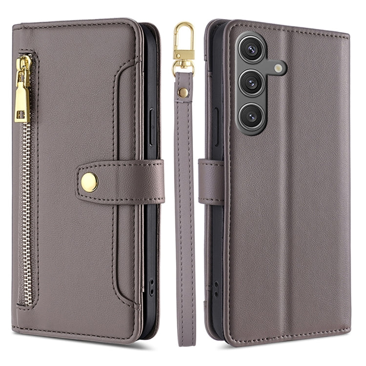 For Samsung Galaxy S25 5G Sheep Texture Cross-body Zipper Wallet Leather Phone Case(Grey) - Galaxy S25 5G Cases by PMC TechLife | Online Shopping South Africa | PMC TechLife | Buy Now Pay Later Mobicred