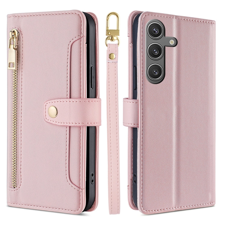 For Samsung Galaxy S25 5G Sheep Texture Cross-body Zipper Wallet Leather Phone Case(Pink) - Galaxy S25 5G Cases by PMC TechLife | Online Shopping South Africa | PMC TechLife | Buy Now Pay Later Mobicred