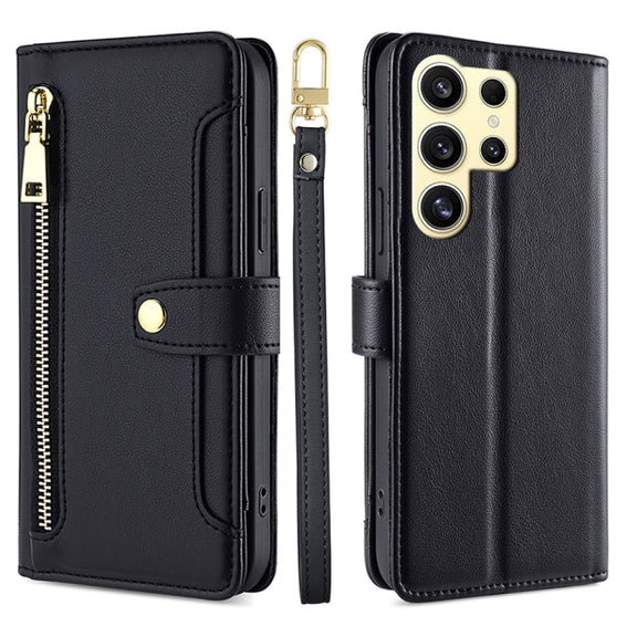 For Samsung Galaxy S25 Ultra 5G Sheep Texture Cross-body Zipper Wallet Leather Phone Case(Black)