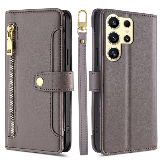 For Samsung Galaxy S25 Ultra 5G Sheep Texture Cross-body Zipper Wallet Leather Phone Case(Grey)