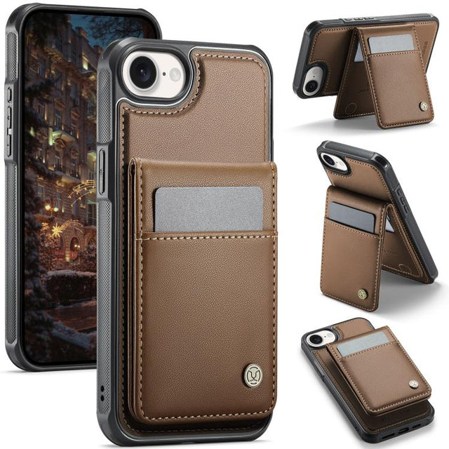For iPhone 16e JEEHOOD J06 British Style RFID MagSafe Card Bag PU Phone Case(Brown)