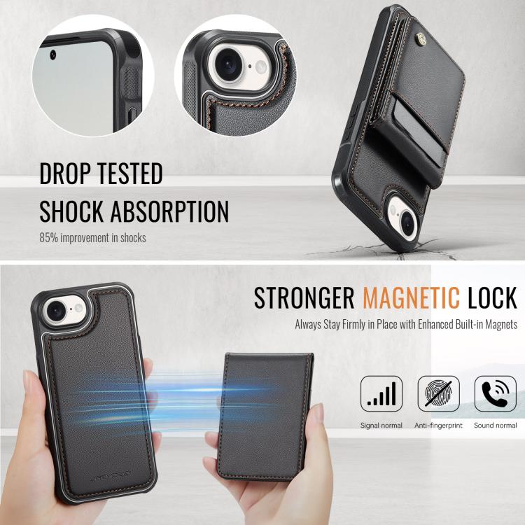 For iPhone 16e JEEHOOD J06 British Style RFID MagSafe Card Bag PU Phone Case(Black) - free shipping - PMc TechLife - Order now!