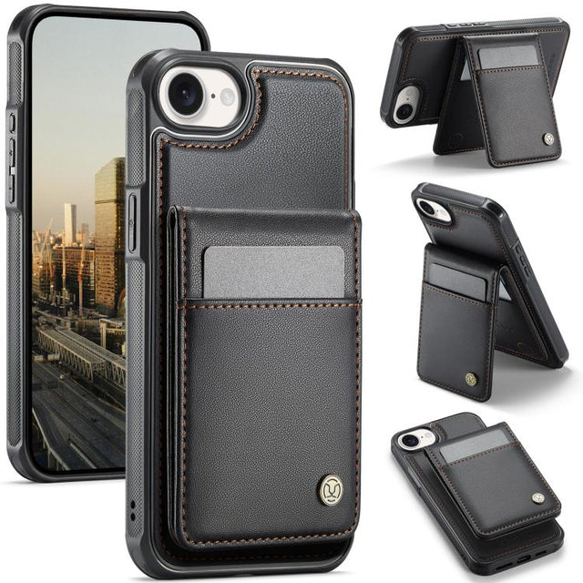 For iPhone 16e JEEHOOD J06 British Style RFID MagSafe Card Bag PU Phone Case(Black)