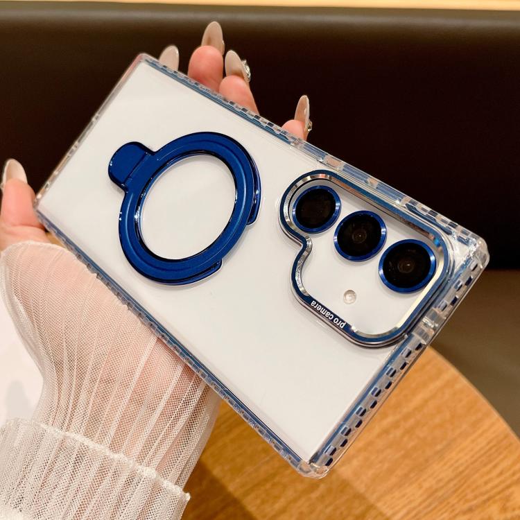 For Samsung Galaxy S25 5G Transparent MagSafe Holder Phone Case with Lens Film(Blue) - Galaxy S25 5G Cases by PMC Jewellery | Online Shopping South Africa | PMC Jewellery | Buy Now Pay Later Mobicred
