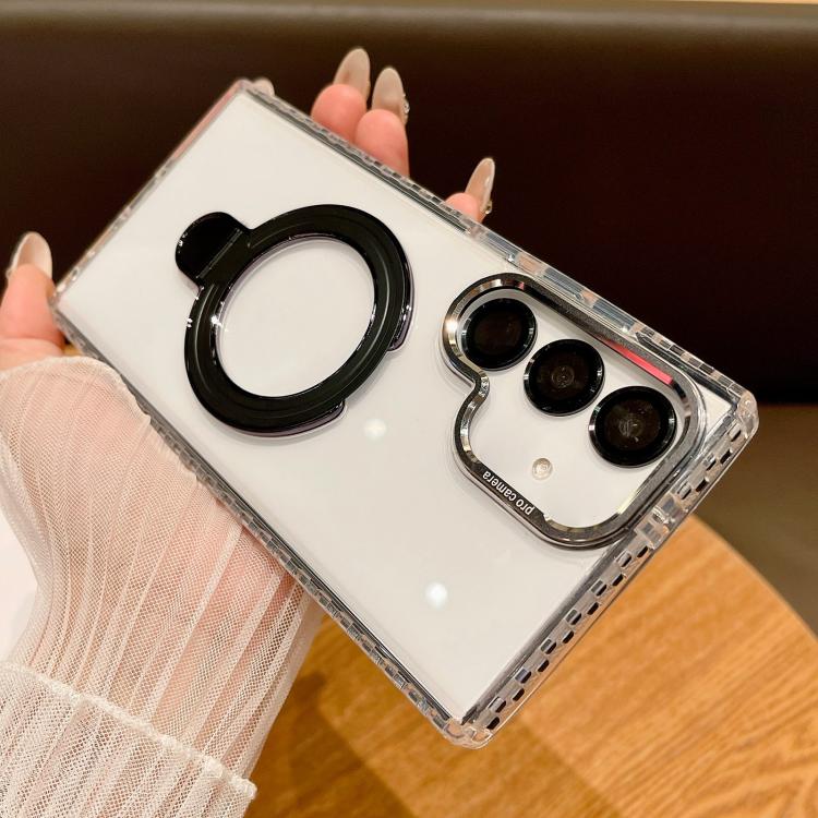 For Samsung Galaxy S25+ 5G Transparent MagSafe Holder Phone Case with Lens Film(Black) - Galaxy S25+ 5G Cases by PMC Jewellery | Online Shopping South Africa | PMC Jewellery | Buy Now Pay Later Mobicred
