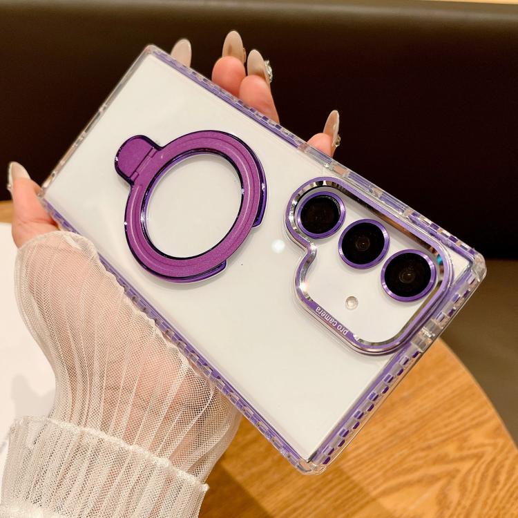 For Samsung Galaxy S25+ 5G Transparent MagSafe Holder Phone Case with Lens Film(Purple) - Galaxy S25+ 5G Cases by PMC Jewellery | Online Shopping South Africa | PMC Jewellery | Buy Now Pay Later Mobicred