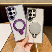 For Samsung Galaxy S25 5G Transparent MagSafe Holder Phone Case with Lens Film(Purple)