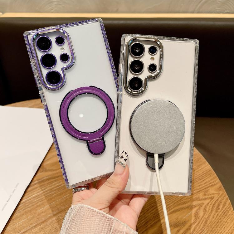 For Samsung Galaxy S25 5G Transparent MagSafe Holder Phone Case with Lens Film(Purple)
