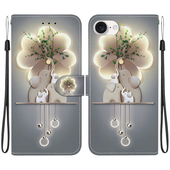 For iPhone 16e Crystal Texture Colored Drawing Leather Phone Case(Elephants)