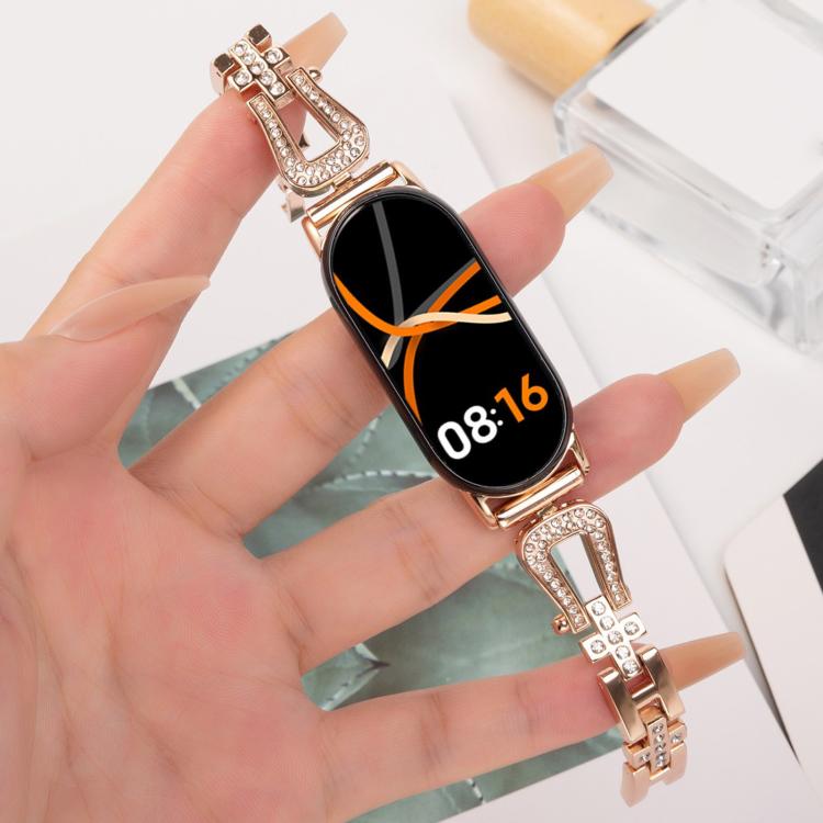 For Xiaomi Smart Band 9 / 8 U-shaped Diamond Bracelet Metal Watch Band(Rose Gold)