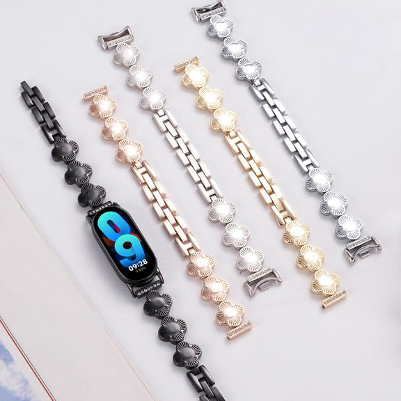 For Xiaomi Smart Band 9 / 8 Four-petaled Flower Diamond Bracelet Metal Watch Band(Rose Gold)