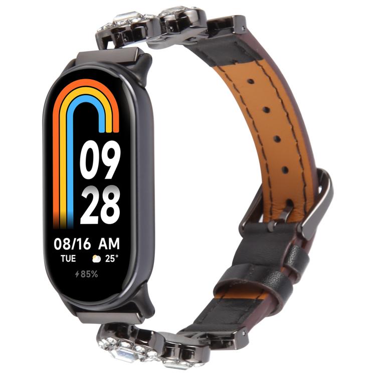 For Xiaomi Smart Band 9 / 8 Metal Diamond Leather Bracelet Watch Band(Black) - Watch Bands by PMc TechLife | Online Shopping South Africa | PMc TechLife | Buy Now Pay Later Mobicred