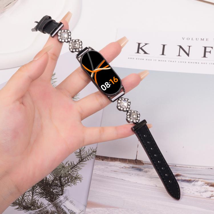 For Xiaomi Smart Band 9 / 8 Metal Diamond Leather Bracelet Watch Band(Black) - Watch Bands by PMc TechLife | Online Shopping South Africa | PMc TechLife | Buy Now Pay Later Mobicred