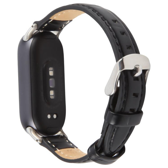 For Xiaomi Smart Band 9 / 8 Silver Metal Connector Genuine Leather Watch Band(Bamboo Joint Black)