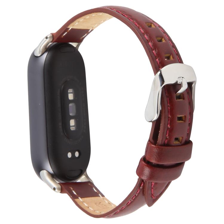 For Xiaomi Smart Band 9 / 8 Silver Metal Connector Genuine Leather Watch Band(Wine Red)