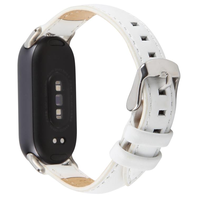 For Xiaomi Smart Band 9 / 8 Silver Metal Connector Genuine Leather Watch Band(White) - Watch Bands by PMc TechLife | Online Shopping South Africa | PMc TechLife | Buy Now Pay Later Mobicred